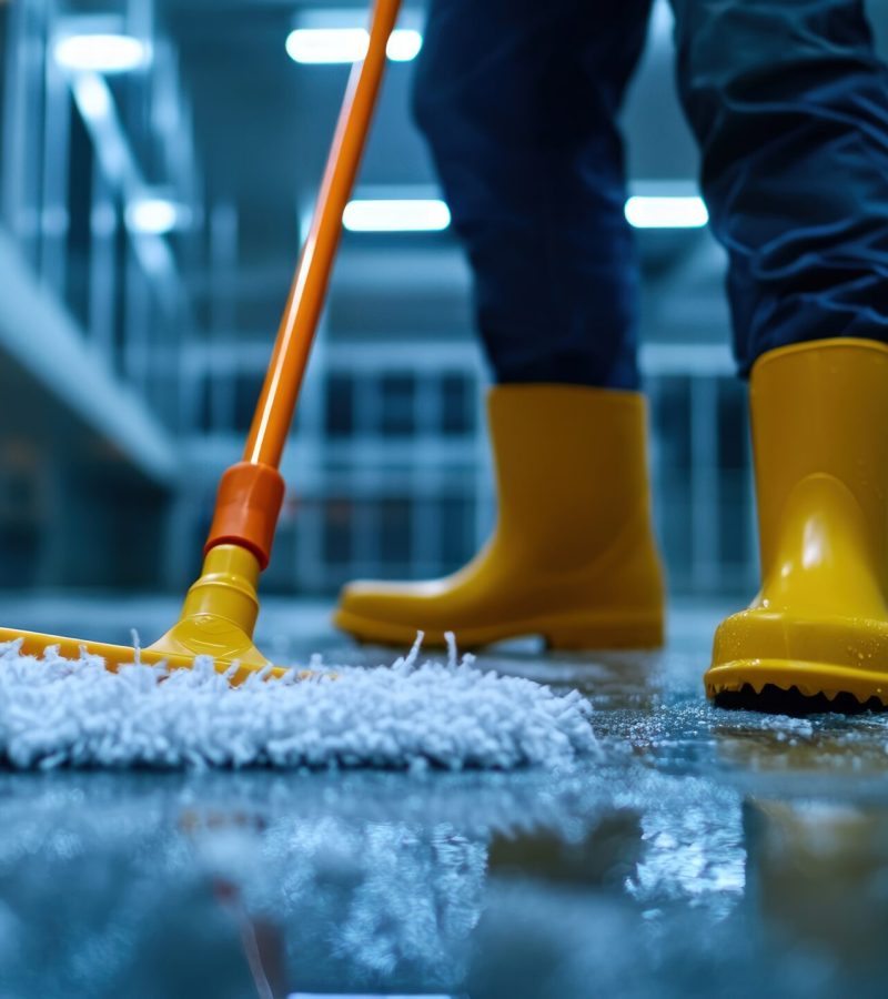 Close-up view of a person mopping a wet floor in an industrial or commercial setting.